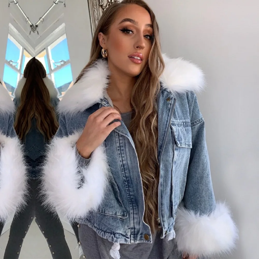 Womens Thick Winter Fur Coat Jeans 