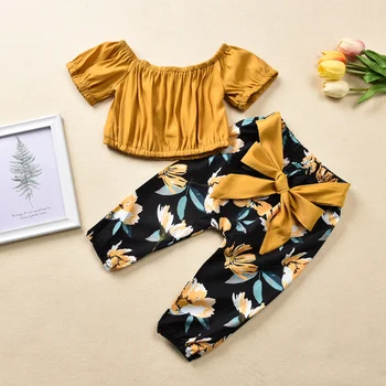 

1-4Y Summer Infant Baby Girls Clothes Sets Off Shoulder T Shirts Tops+Bowknot Floral Print Pants 2pcs
