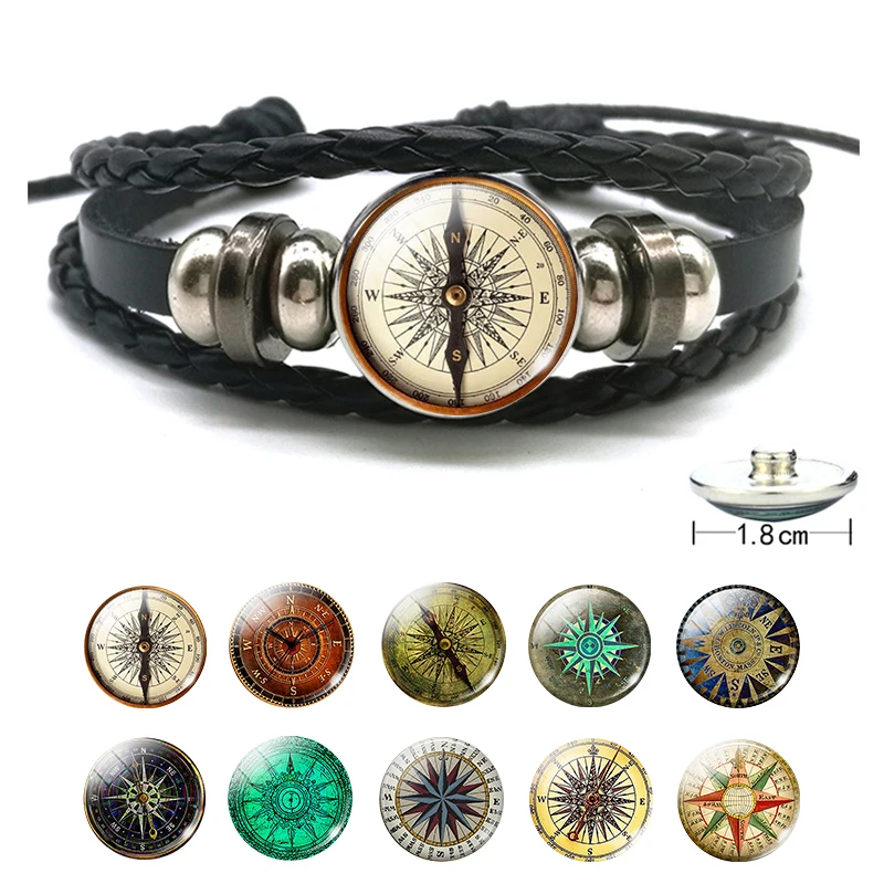 Compass Bracelet Compass Picture Black Braided Leather Bracelet Men