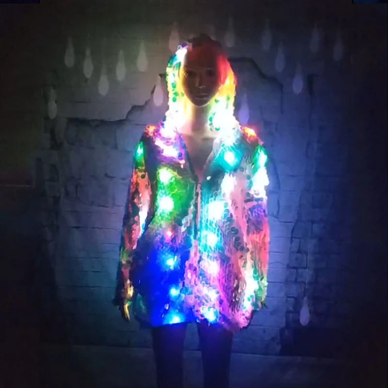 Светодиодный сценический женский пальто с блестками светодиодный светящийся одежда Casaco Feminino шоу для танцор певец Звезда одежда для ночных клубов с капюшоном