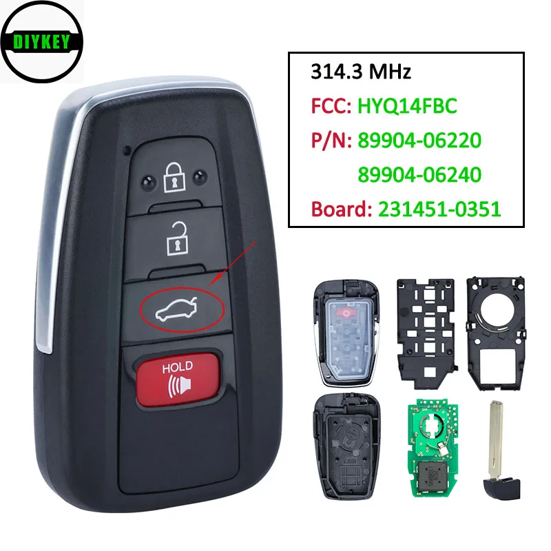 

DIYKEY 231451-0351 Board ASK 314.3MHz smart remote key fob 8A chip for Toyota Camry 2018 2019 89904-06220 / 240 FCC: HYQ14FBC