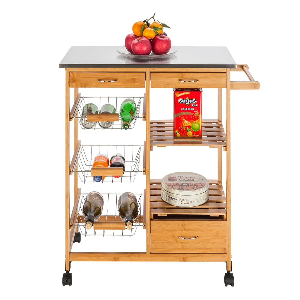  FCH Moveable Kitchen Cart with Stainless Steel Table Top & Three Drawers & Three Baskets Burlywood - 4000200401252