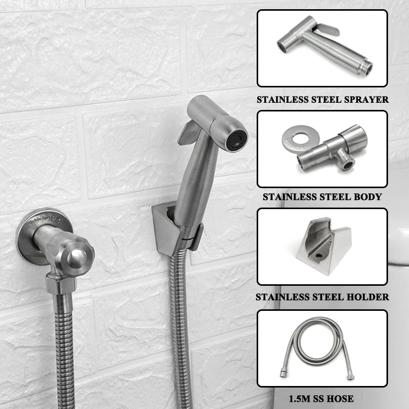 

Brushed Steel Douche Kit Hand Held Bidet Sprayer Portable Toilet Bidet Faucet Shattaf Valve Jet Set Bathroom Hygienic Shower