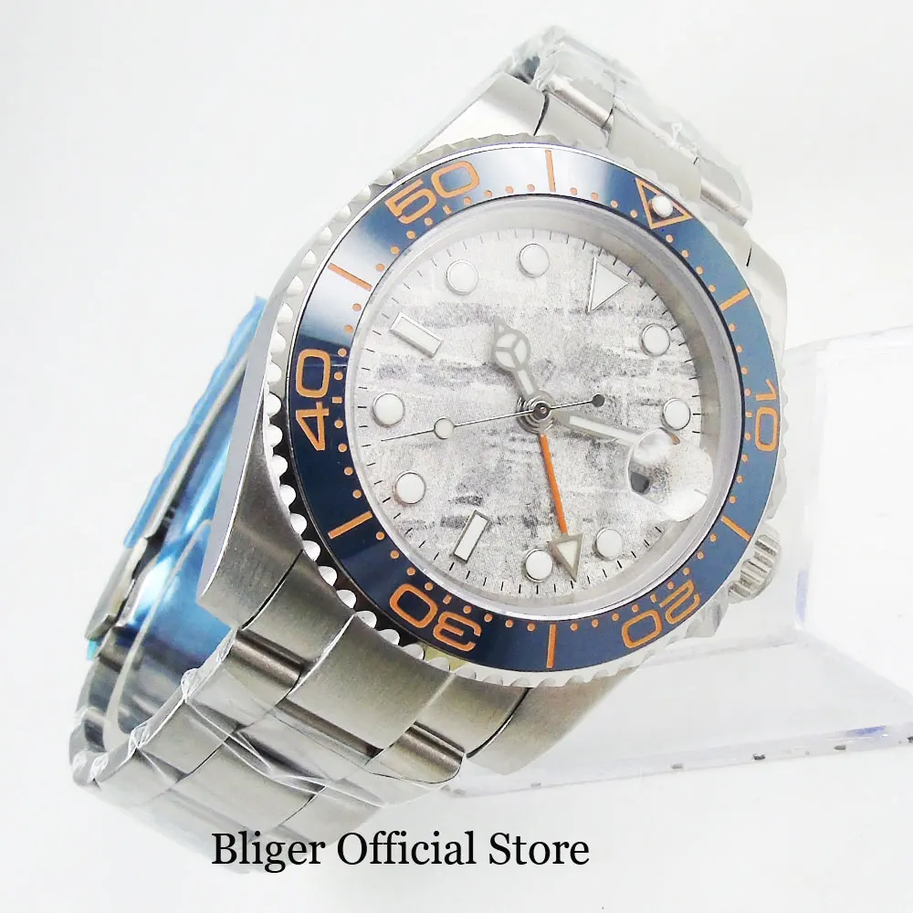 

Bliger New Nologo Grey Dial Sapphire Glass Date Function 40mm Silver Color Case Mental Bracelet GMT Movement