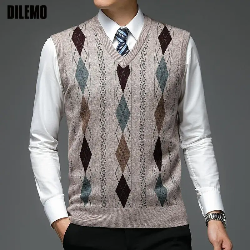 Argyle Pullover Sweater V Neck Knit Vest Men Diamond Trendy 6% Wool Sleeveless Casual Men Clothing New Autum Fashion Brand men sweater vests mens knitted vest
