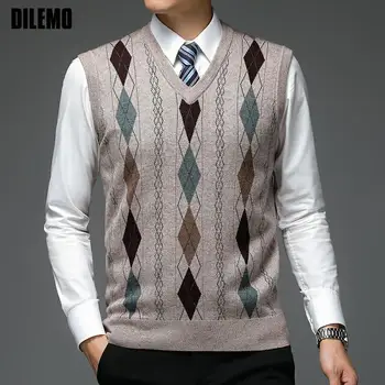 최신 가을 패션 브랜드 아가일 풀오버 스웨터, v넥 니트 조끼, 남성 다이아몬드 트렌디, 6% 울 민소매 캐주얼 남성 의류
