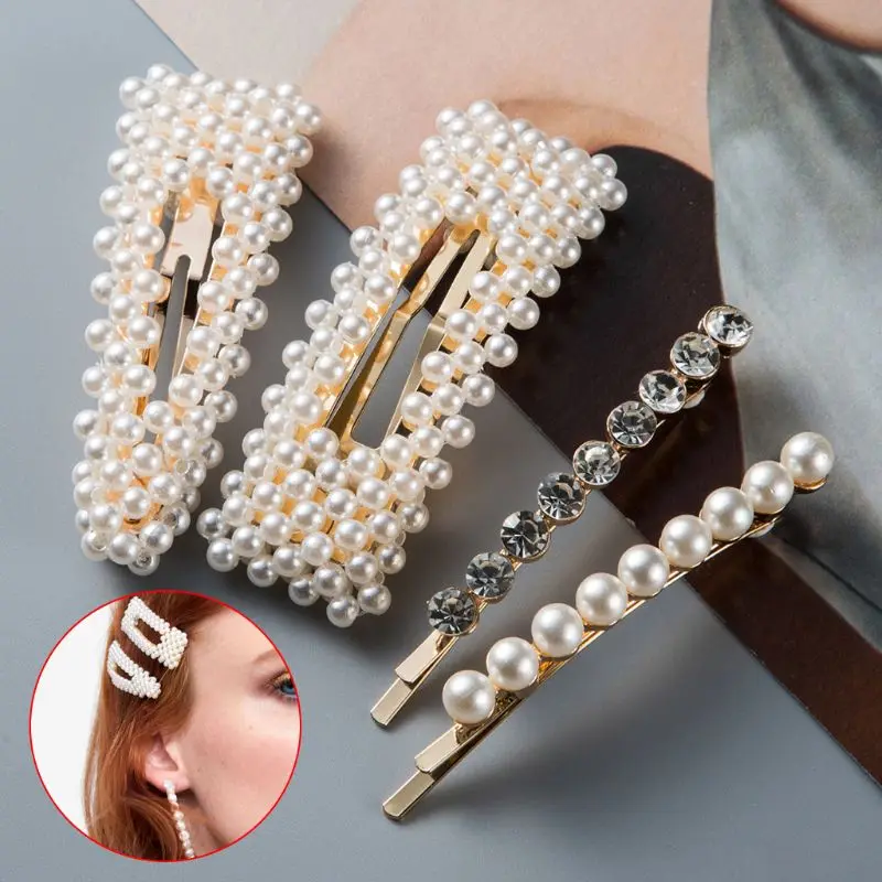 

4 Pcs Temperament Women Imitation Pearl Hairpin Lady Girls Cute Sweet Hollow BB Clips Word Clip Hair Jewelry Y4QB