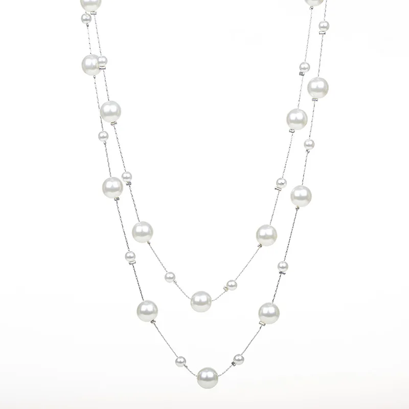 New Style Japanese Korean Autumn And Winter Double Layer Pearl Long Necklace Women's Sweater Chain Simple Versatile Trend M