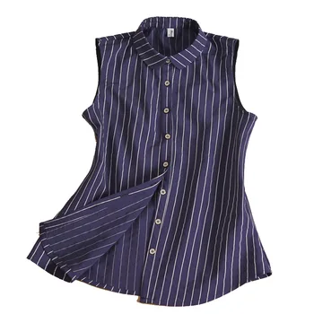 

New Smmer Sleeveless Women Blouses Striped Black White Blue Round Collar School Girl Work Wear Office Lady Women Shirt