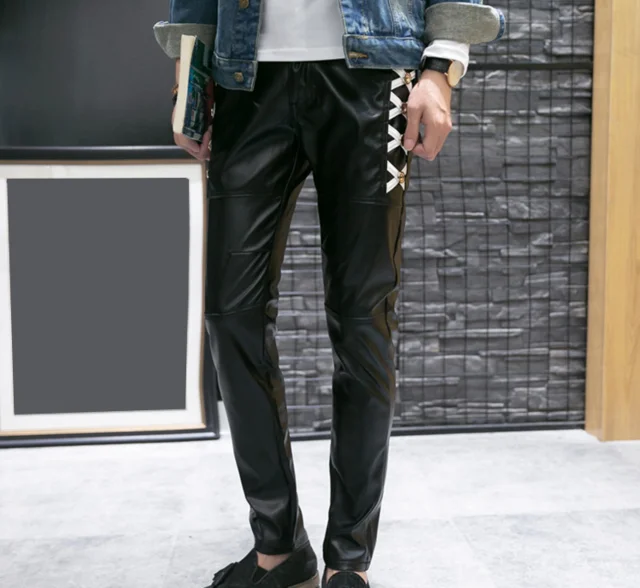 Dark grey Мужские брюки из искусственной кожи, красивые черные кожаные байкерские брюки из искусственной кожи, с перекрещивающимися шнуровкой, в стиле пэчворк, мужские брюки года, осенние мужские брюки - Color: Dark grey