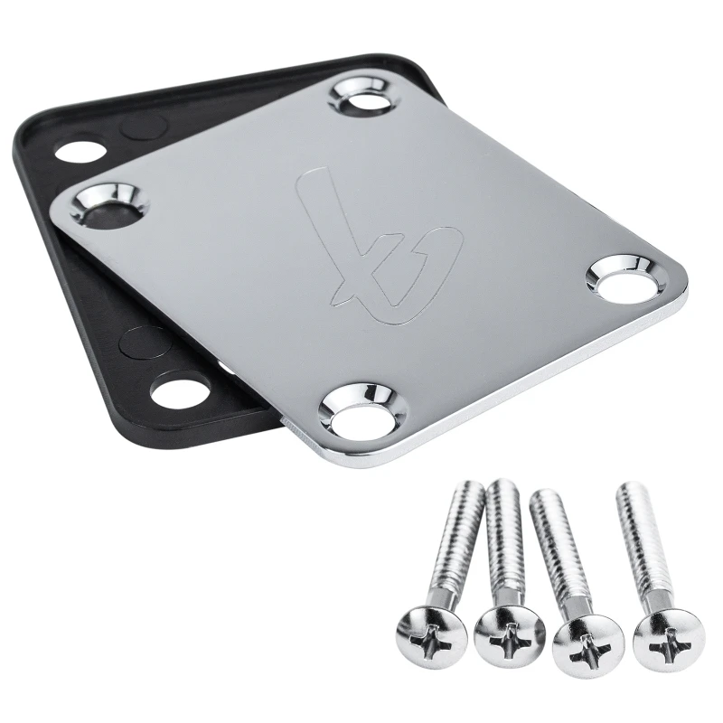 

70s F Logo Strat/Tele 4-Bolt Chrome/Black Guitar Neck Plate Neckplate w/Screws