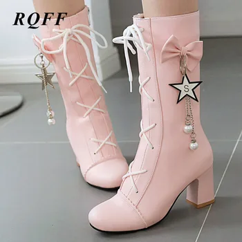

2019-2020 Autumn Winter Boots for Women Plus Size 43 Fashion Square High Heel Shoes Woman Zipper Cross-tied Handmade Faux Pearl