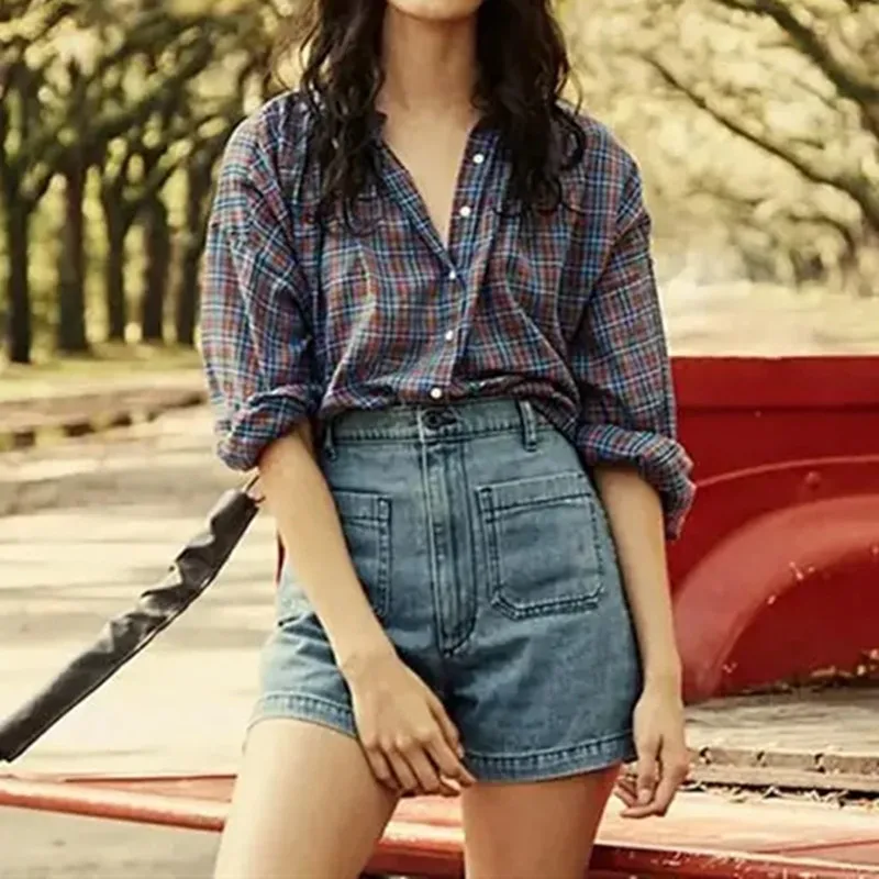 Женская клетчатая блузка с круглым вырезом и длинным рукавом-фонариком осень 2020