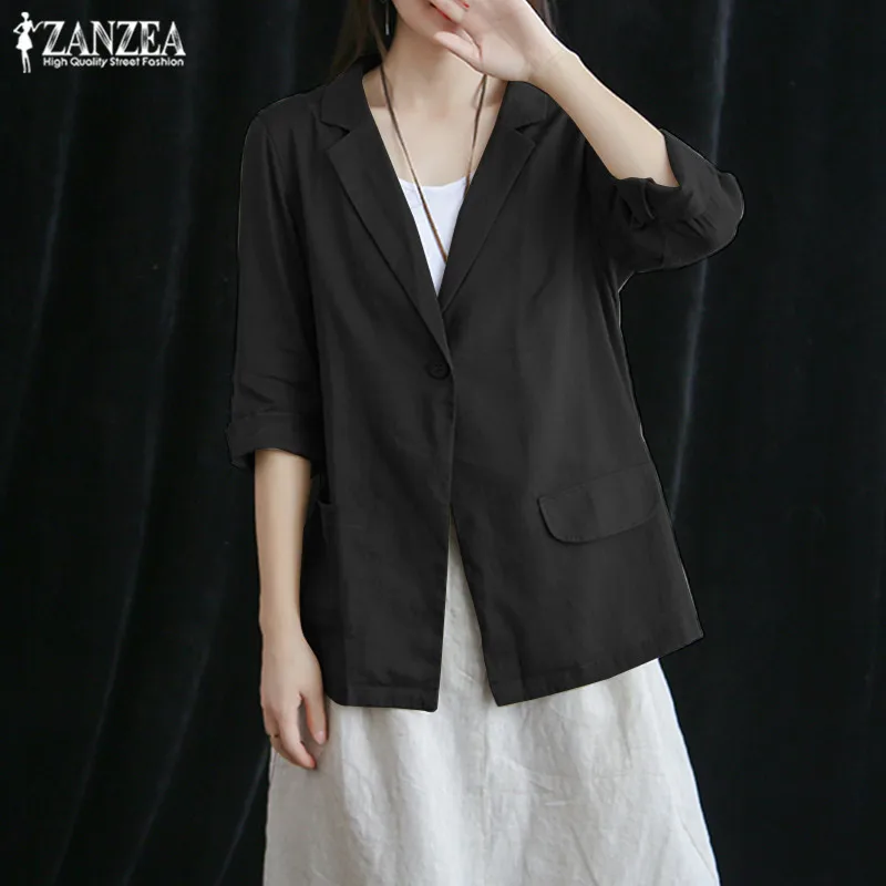 Autumn Solid Blazers ZANZEA Women Casual Long Sleeve Blazer Elegant Work Office Jackets Fashion Cotton Coats Female Shirts
