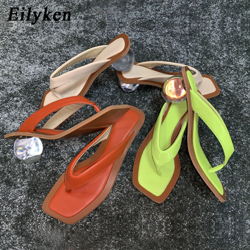

Eilyken New Design Transparent Crystal Round Heel Shoes Summer Beach Comfortable Square Toe Flip Flops Slippers Big Size 43