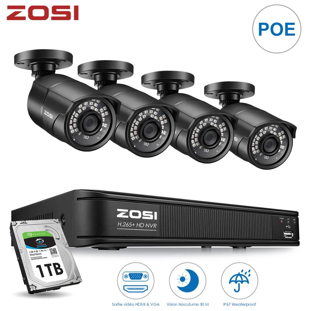 ZOSI 4CH H.265 POE Video Surveillance CCTV Security Camera System with 2MP Videcam Waterproof Outdoor NVR Kit
