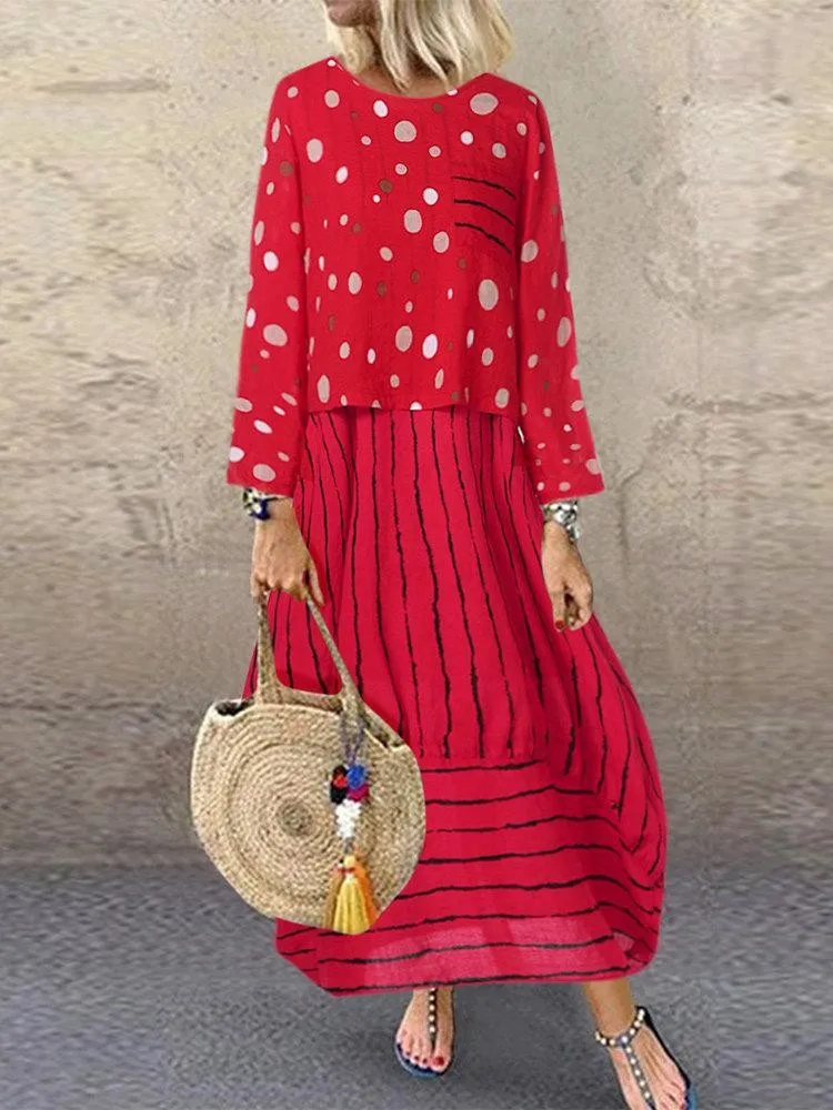 Polka Dot Yellow Dress For Woman Large Loose Fake Two-piece Cotton Linen Dress Summer Plus Size Sundress Female O-Neck Dress