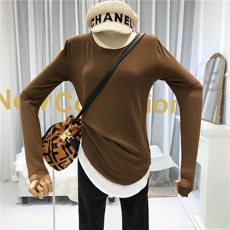 

Patchwork Womens Shirts O-Neck Casual Fashion 2019 Fake Two Piece Long Sleeve Korean Woman Clothes Tee Shirt Femme