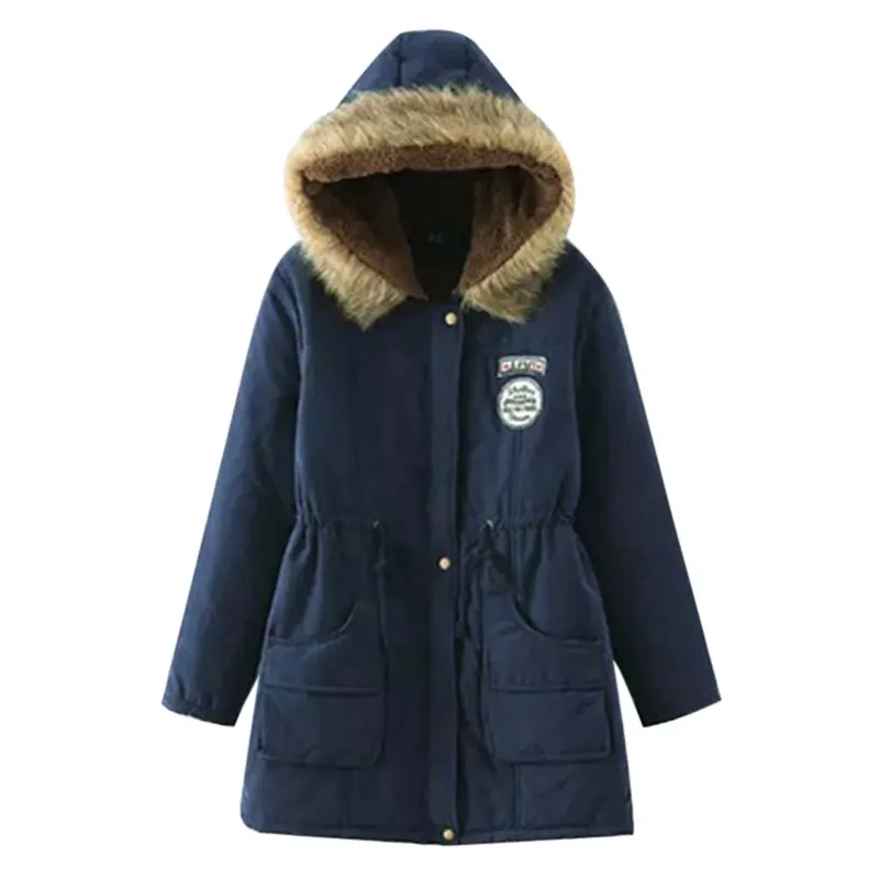 Зимняя куртка для женщин, парка с меховым воротником, тонкая парка на молнии, шерстяная шапка, пояс, худи, утолщенное зимнее пальто, верхняя одежда, длинное женское зимнее пальто - Цвет: Тёмно-синий
