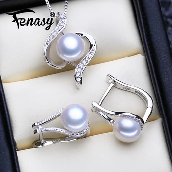 

FENASY 925 Sterling Silver Jewelry Sets Natural Pearl Clip Earrings Custom Bohemian Pendant Chain Necklace For Women
