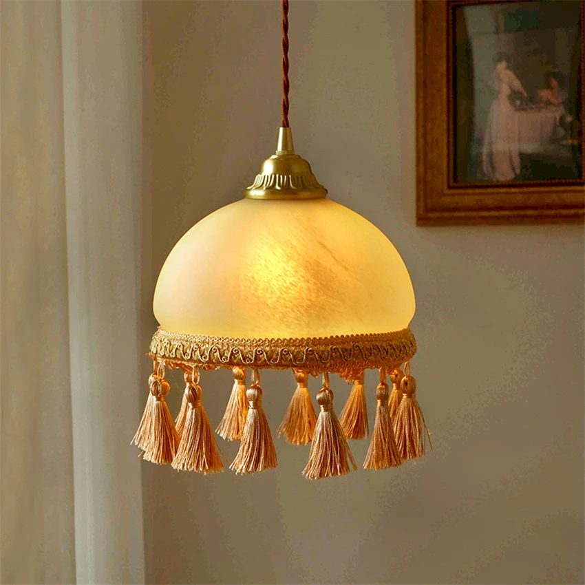 

French Tassel Bedroom Bedside Pendant Lamp Bedroom Glass Brass Bar Hanging Lighting Dining Hall Hallway Art Decor Pendant Lights