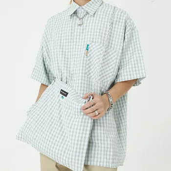 

Male Japan Korea Style Streetwear Hip Hop Fashion Shirt Men Short Sleeve Include Loose Casual Plaid Shirt