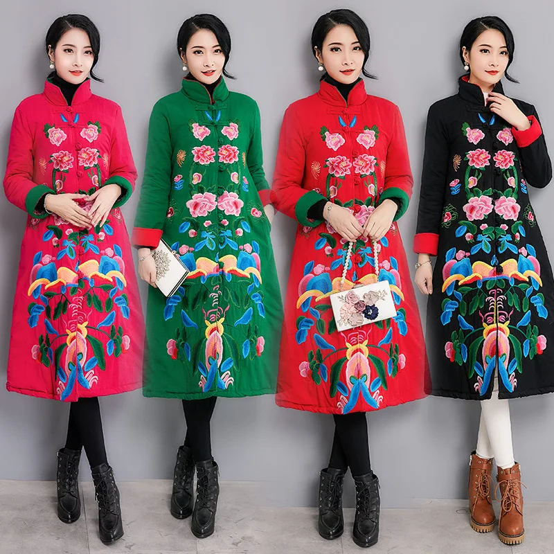 

Winter New Style Cotton Linen Embroidered Large Size Ethnic-Style Mid-length Cotton-padded Clothes Retro Frog Women Jacket Overc
