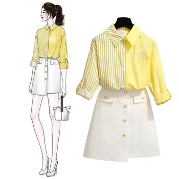 

Skirt suit Spring Women's Letters Embroidery Stripped Spliced blouse Tops White Mini Ladies Skirt Suit Clothing Sets NS1012
