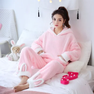 Корейская kawaii Пижама с капюшоном для женщин, зимняя теплая одежда для сна, домашняя одежда для отдыха, женская розовая Фланелевая пижама, пижама для девочек