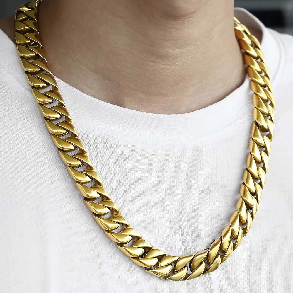 9 mm Figaro Chain Link Necklace for Men Boys Heavy 316L Gold Plated Stainless Steel Gold Color 24 inch, Men's