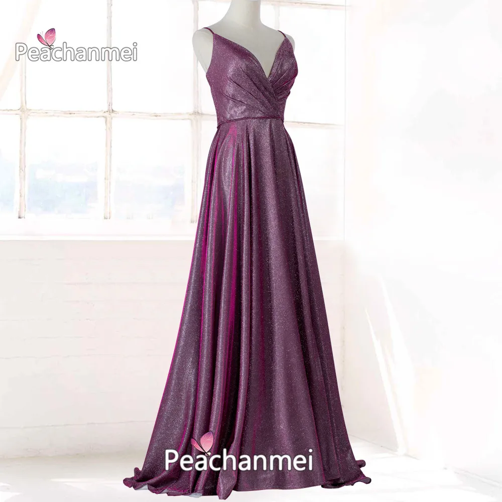 Real Photo Sparkle V-Neck Evening Dress Robe De Soiree A Line Glitter Sequins Prom Dress Sexy Backless Bling Ball Party Dress