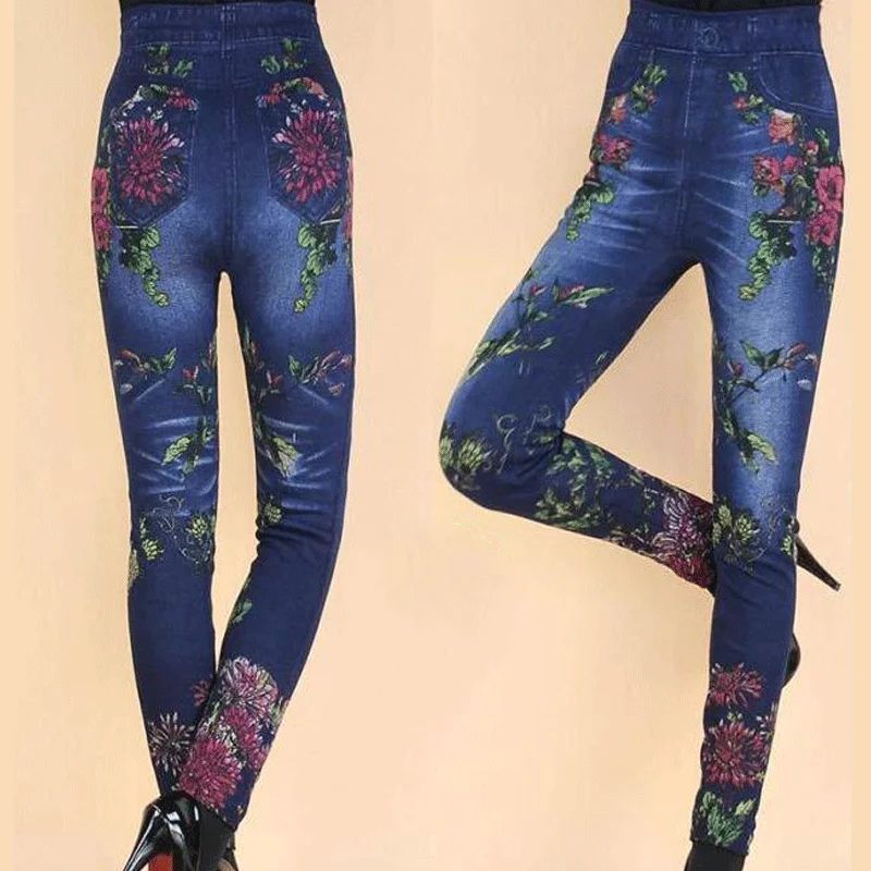 

Plus Size Sfit Women's High Waist Floral Print Imitation Denim Fake Jeans Slim Fit Leggings Skinny Casual Leggings 8 Styles