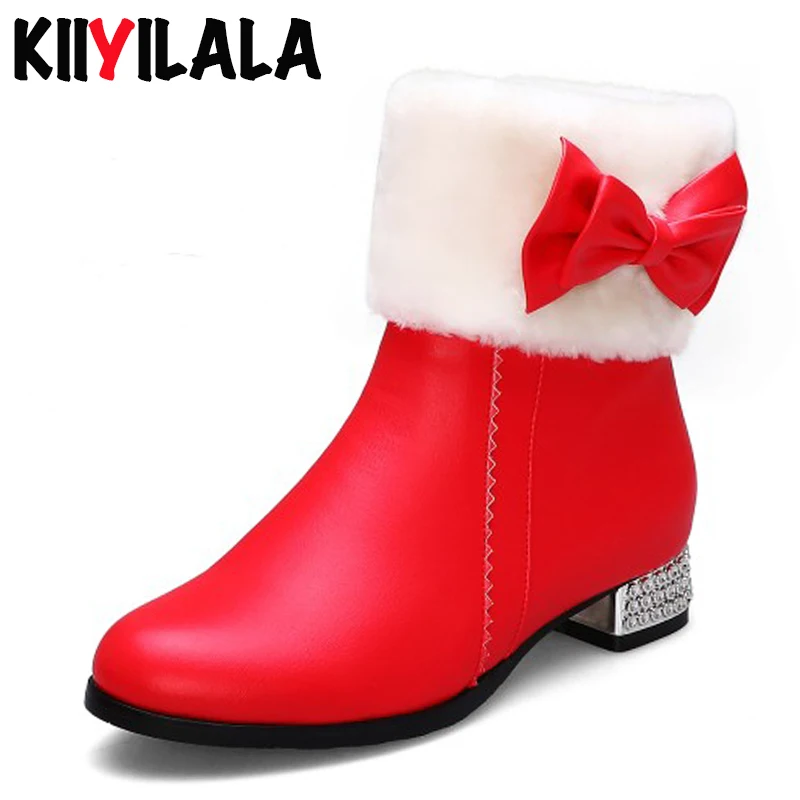 

Kiiyilal New Zipper Snow Boots Butterfly-knot Round Toe Fur Winter Shoes Woman Crystal Square Heels Short Plush Warm Women Boots