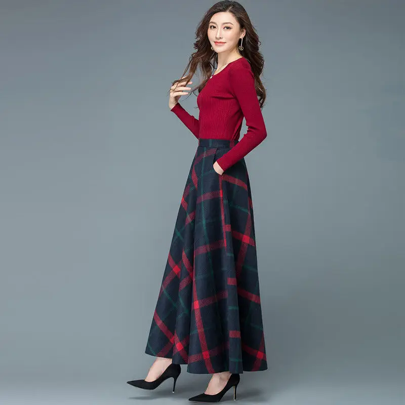 

Woolen Half-Leng Skirt For Autumn Winter New Mid-Length Large Size A-Line Version Plaid Thickened High Waist Skirt Temperament
