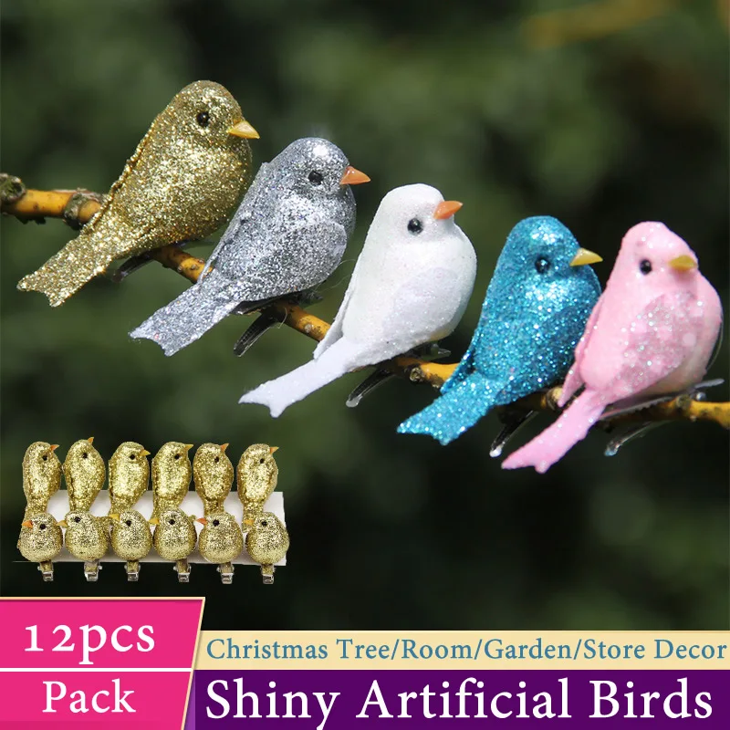 12pcs Shiny Glitter Artificial Birds Christmas Tree Decoration Pendant DIY Craft Foam Birds Home Garden Party Decor Ornament christmas decorations