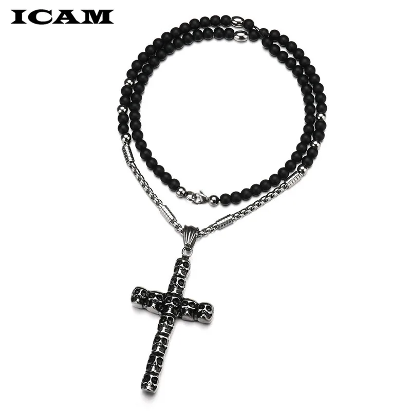 ICAM 4 мм черный камень нержавеющая сталь бусины с черным каменный крест кулон