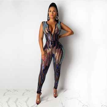 

Women Sexy O-Neck Sleeveless Sequined Jumpsuit Casual Single-Breasted Bodycon Romper Fashion Mesh Patchwork Back Zipper Playsuit