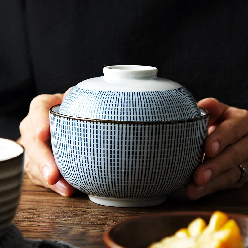 

Ceramics with Cover Stew Bowl Kitchen Utensils Porcelain Hand-Pulled Noodle Soup Plates Japanese Stripe Chinaware Tableware