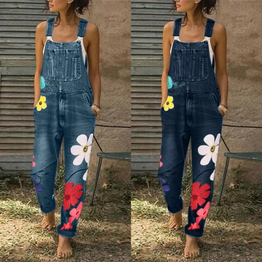 Bib Pants Jumpsuits flower printed blue jeans Romper for Women's Fashion Denim Bib Pants Sexy Long Rompers Overalls 2020 new