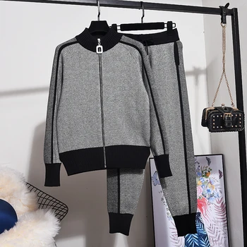 

Casual Runway Suit Set Women Loose Contrast color Patchwork Zip Sweatshirt Tops + Long Pencil Pants Knitted Tracksuit Set Female