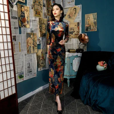 Sheng Coco женское бархатное платье с принтом Cheongsam Qipao, китайское свадебное платье с длинным рукавом, вечерние платья, Длинные вечерние платья 4XL 5XL - Цвет: navy blue qipao