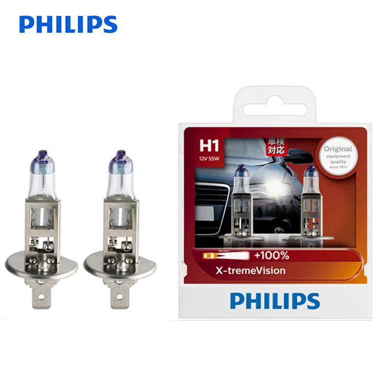 

Philips Original H1 12V 55W P14.5s X-treme Vision Auto Headlight Bright Halogen Bulbs ECE Approve Vision 100% 12258XV S2, Pair