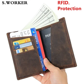 

Crazy Horse Genuine Leather Wallet Men Women RFID Protection Credit Card Holder High Quality Vintgage Travel Passport Cover Case