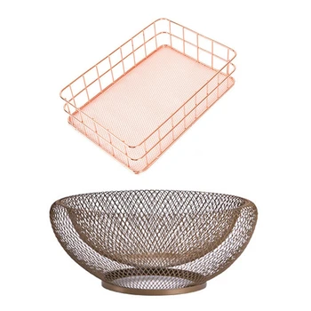 

2Pcs Wrought Iron Fruit Basket Double Layer Nordic Style Dried Fruit Candy Storage Plate Food Tray - Gold & Rose Gold