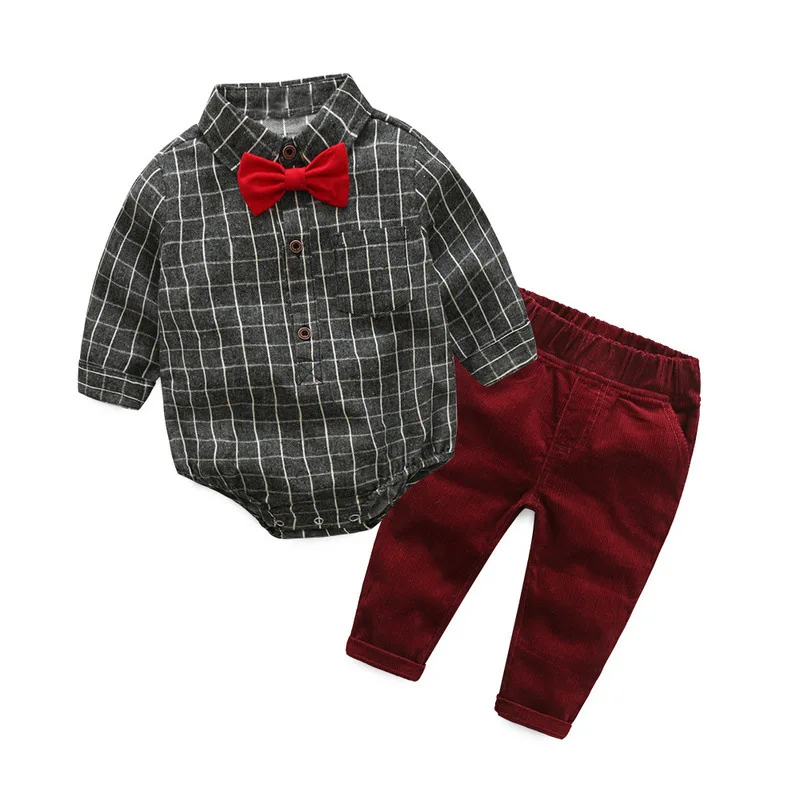 

BOY'S Foreign Trade Spring And Autumn Hot Selling Europe And America Bowtie Plaid Gentleman Baby Bodysuit Romper Crawler Set a G