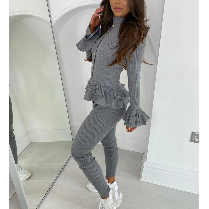 

Elegant Two Piece Suits Women Vintage Retro Long Sleeve Ruffles Top and Skinny Pants Set