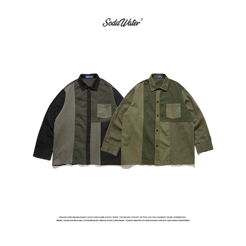 

SODAWATER Men Retro Shirt Streetwear Loose Fit Casual Shirts Men 2019 Autumn Winter 100% Cotton Patchwork Men Clothing 94431WS