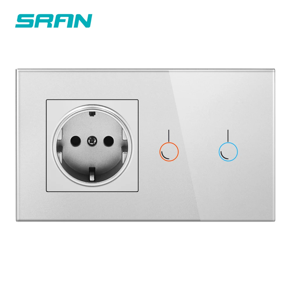 SRAN сенсорный выключатель с розеткой, стеклянная панель, 170~ 250 В, 16A, 146*86, настенная розетка, светильник, 2 комплекта, 1 способ - Цвет: silver 2 gang 1 way