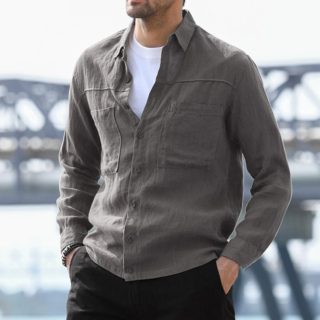 

Men Shirt Double Pocket Spring Autumn Harajuku Simple Design Casual Shirt Men Pure Color Cotton Linen Long Sleeve Loose Shirt