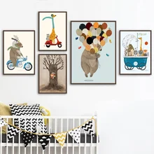 Funny Kids Room Decoration Canvas Painting Animal Cycling Poster Giraffe Bunny Cartoon Wall Picture Art print Living room decor